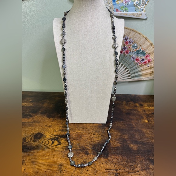 Genuine Black Freshwater Pearl and Silver Tone Bead Necklace 47 Inch - Picture 2 of 8